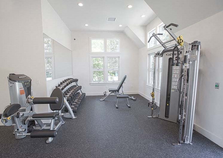 a gym with a lot of exercise equipment in it