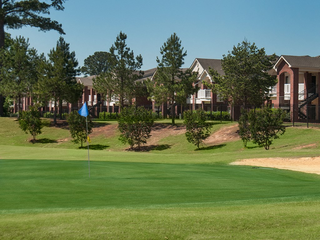 a view of a golf course with a blue flag in the grass