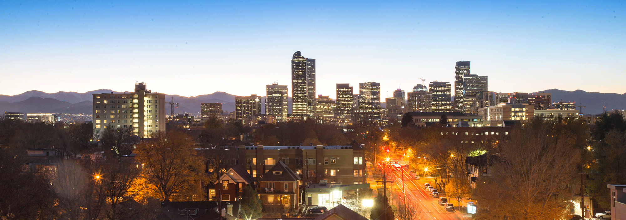 View of downtown from the roof at The York on City Park in Denver