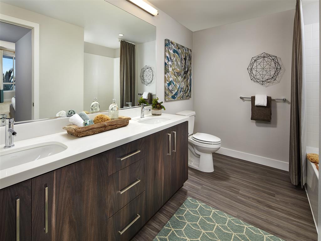 Wood style flooring, flat panel cabinetry