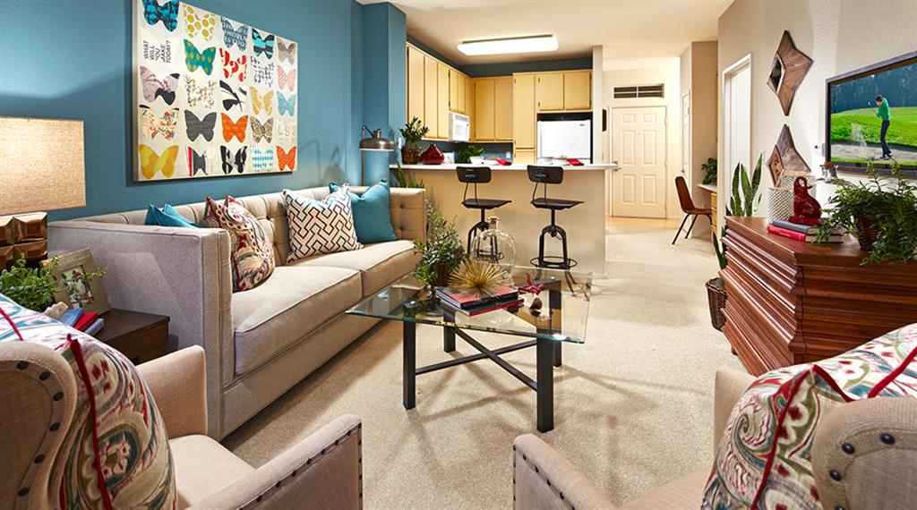 nine-foot ceilings, gas fireplace, private patio or balcony