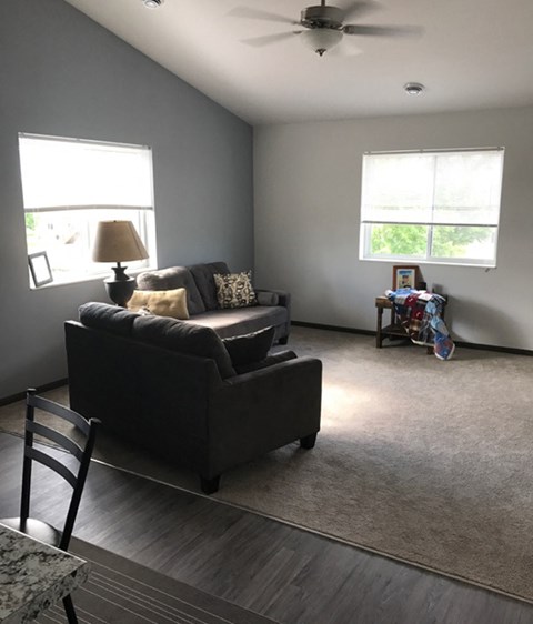 a living room with a couch and a chair and a ceiling fan