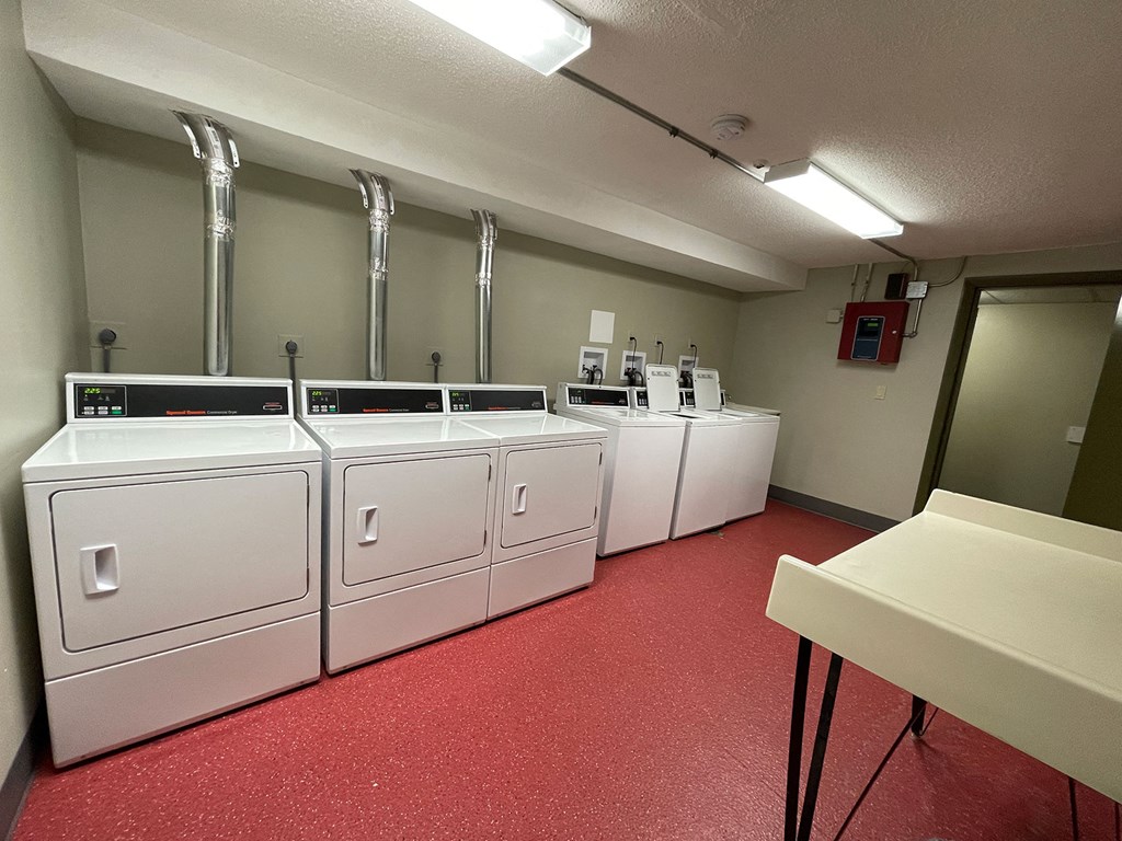 A laundry room with red carpeting and washing machines.