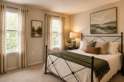A bedroom with a large bed and a painting on the wall.