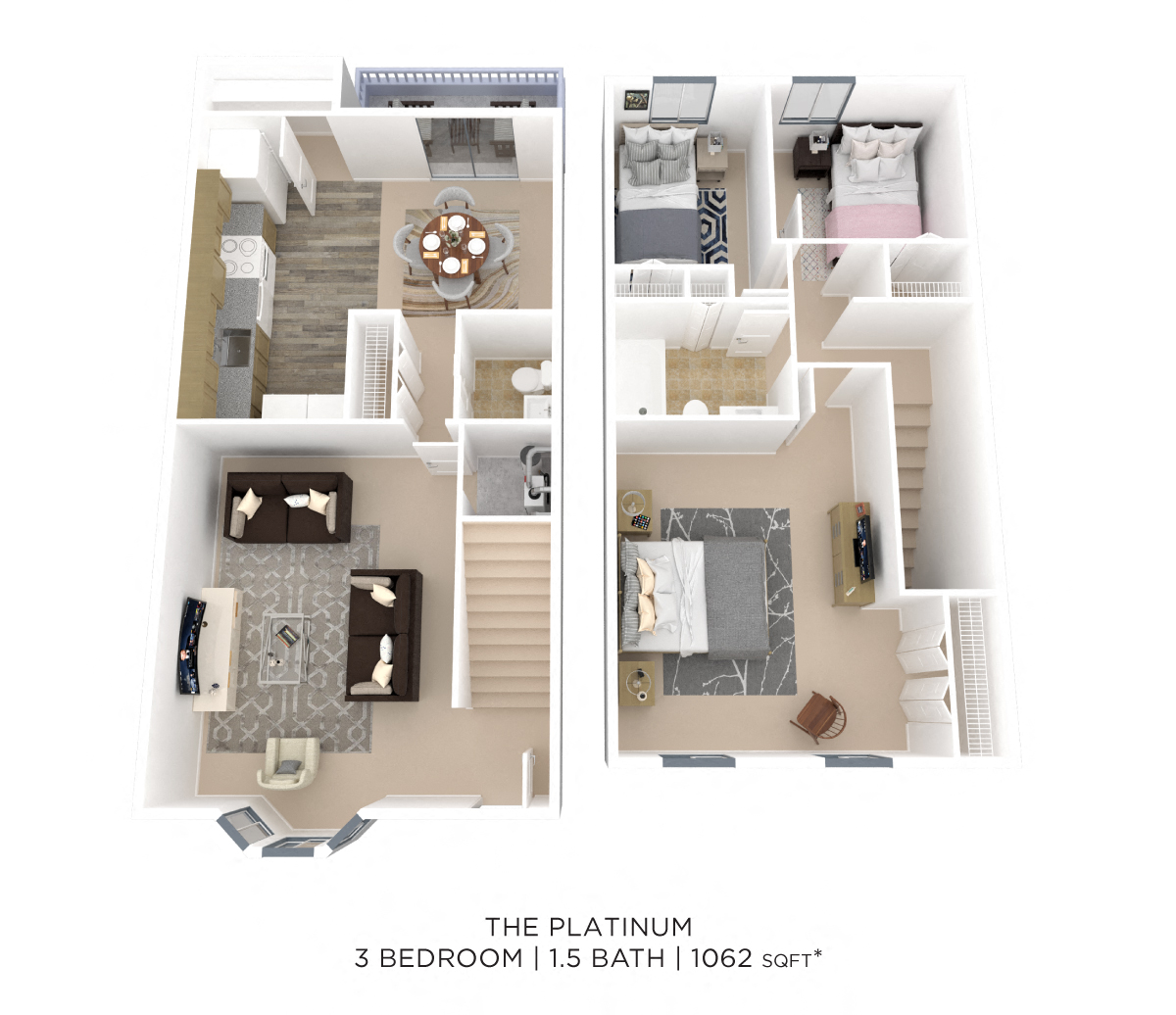 Three Bedroom 1.5 Bath Townhome - 1,062 sqft