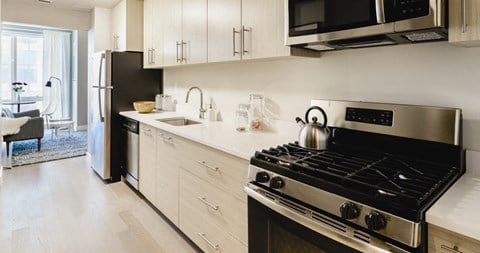 kitchen in a studio apartment  at Tower 28, Long Island City, New York