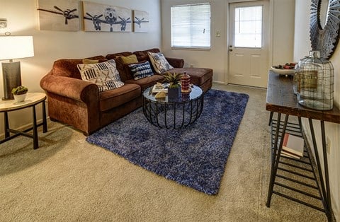 a living room with a brown couch and a blue rug