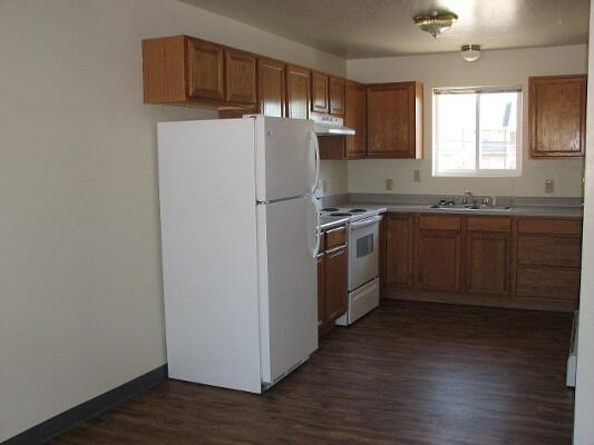 a kitchen with a white refrigerator and a sink
