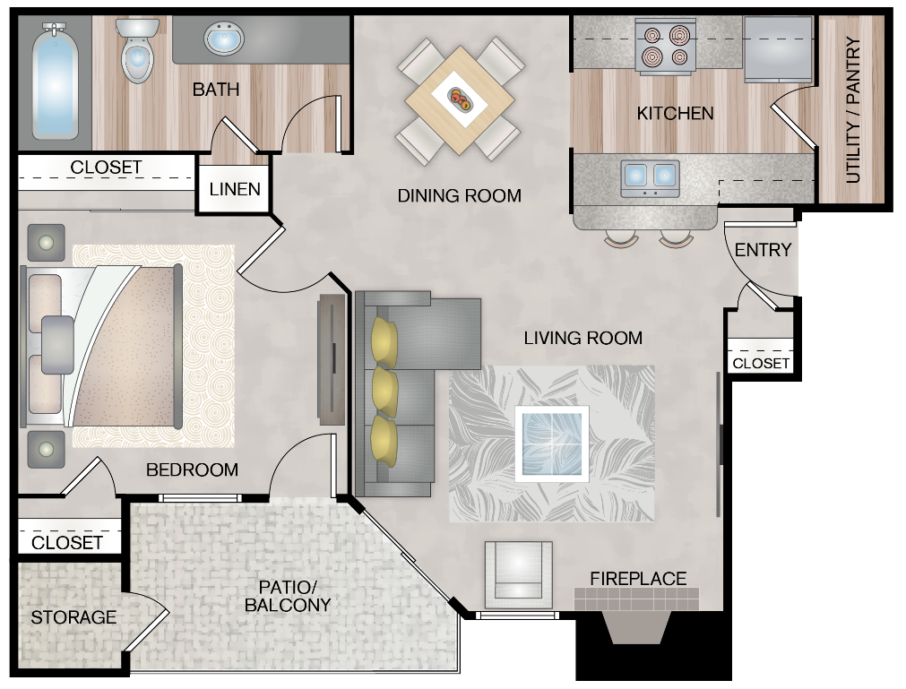  1 bed 1 bath Da Vinci floor plan layout at Paces Crossing, Texas