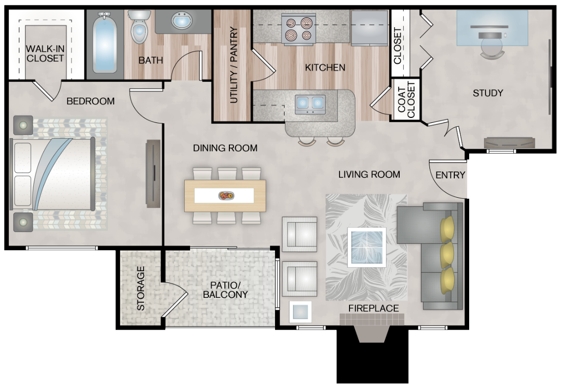 1 bed 1 bath  Degas floor plan layout at Paces Crossing, Denton, TX