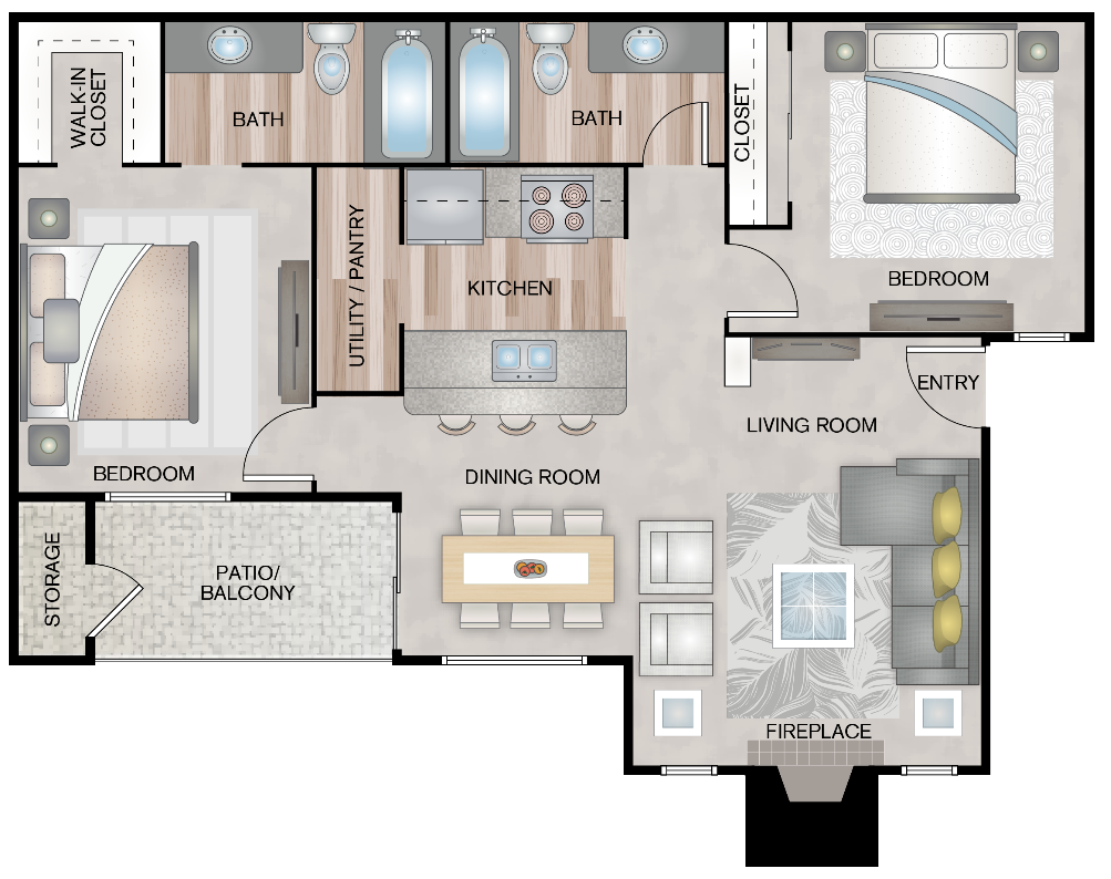 2 bed 2 bath Monet floor plan layout at Paces Crossing, Texas