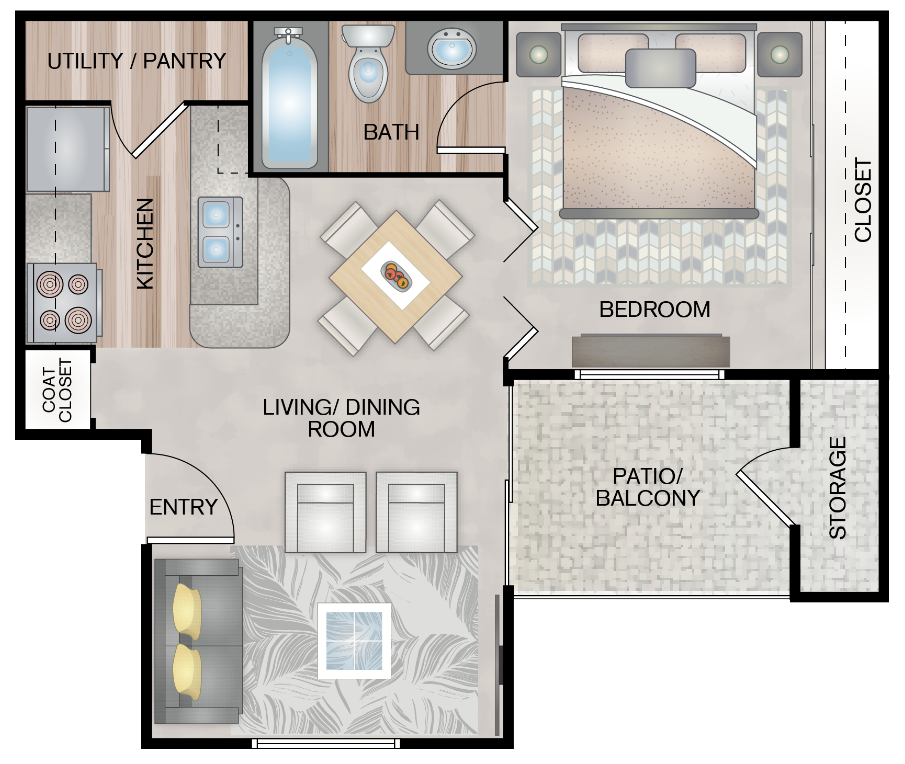 1 bed 1 bath Picasso floor plan layout at Paces Crossing, Denton, 76210
