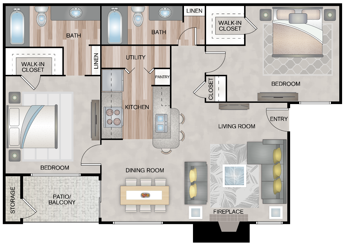 2 bed 2 bath Renoir floor plan layout at Paces Crossing, Denton