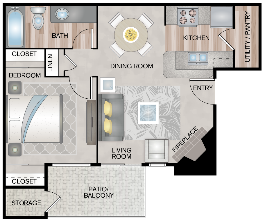 1 bed 1 bath Van Gogh floor plan layout at Paces Crossing, Denton, Texas