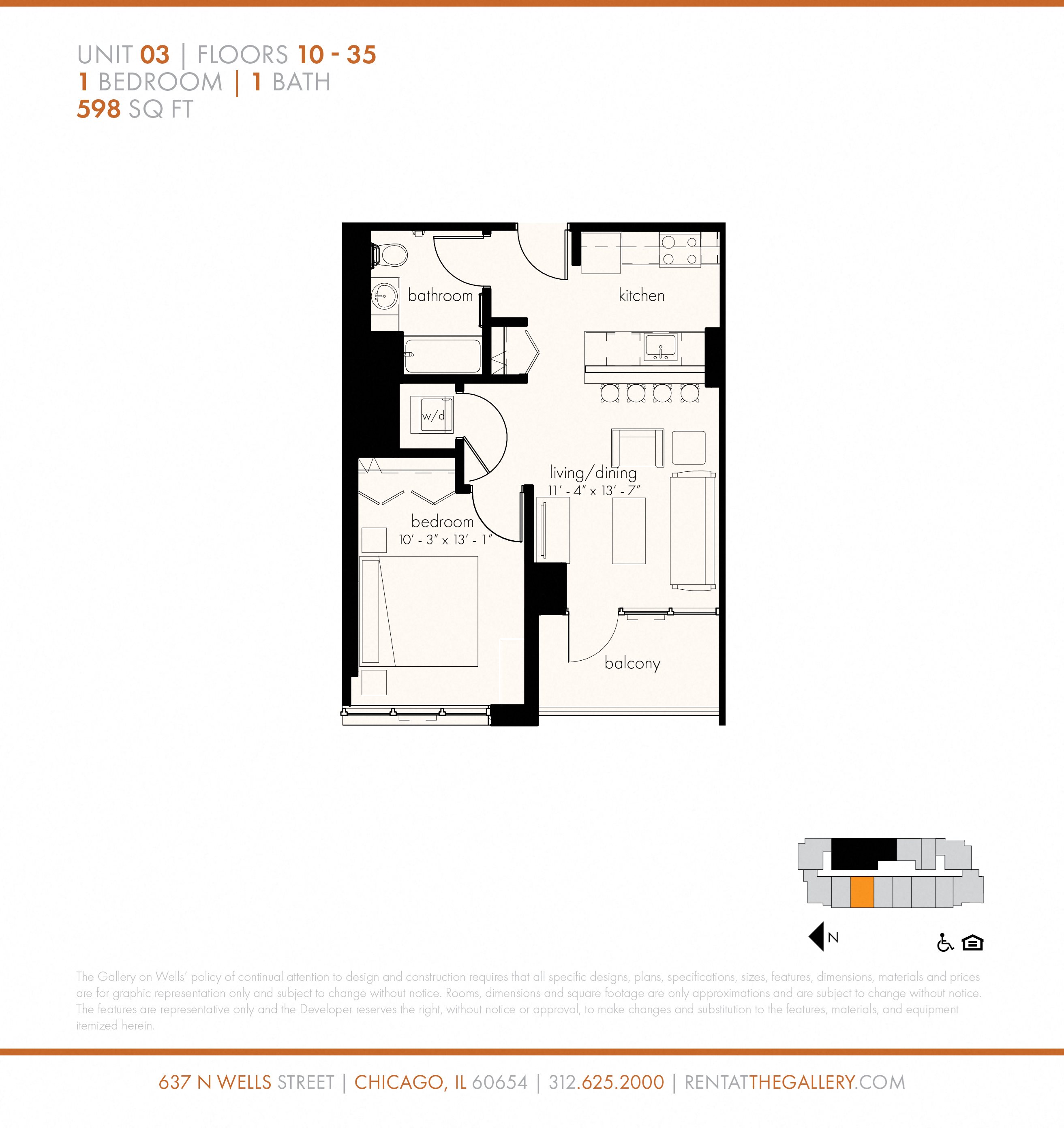 One Bedroom (598 sf) Floor Plan 9