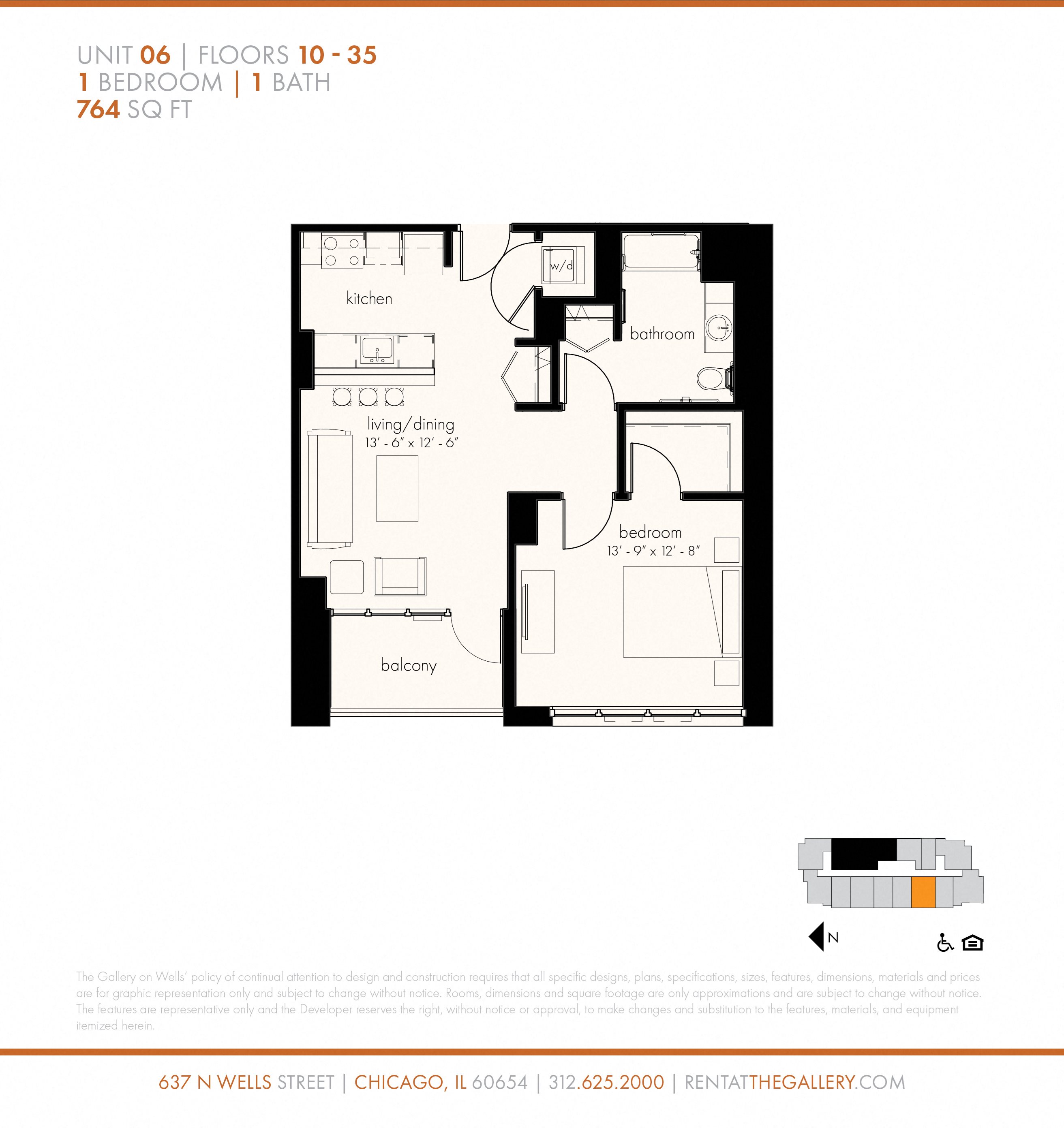 One Bedroom (764 sf) Floor Plan 11
