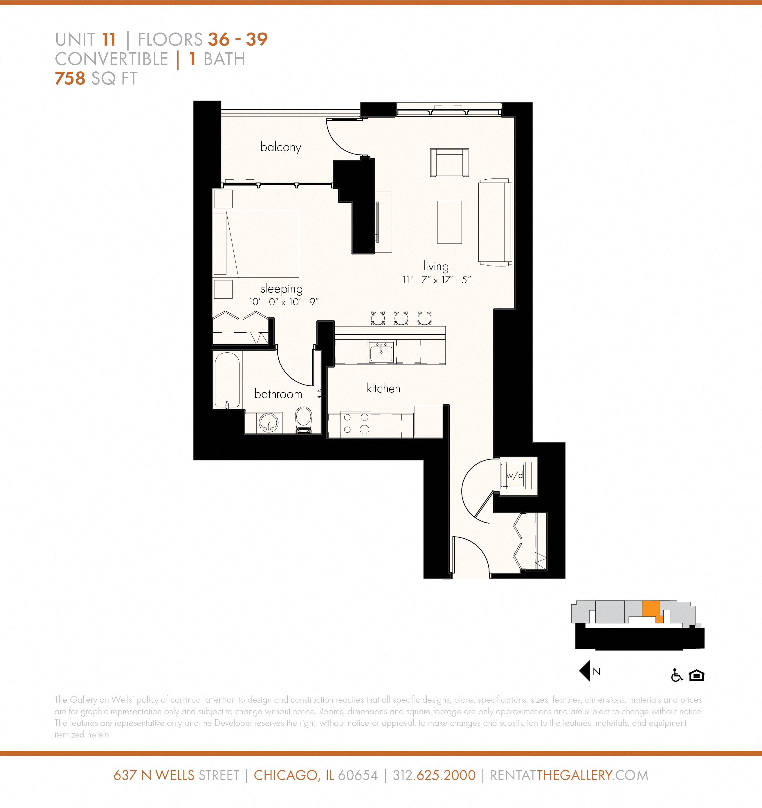 Junior One Bedroom (758 sf) Floor Plan 8