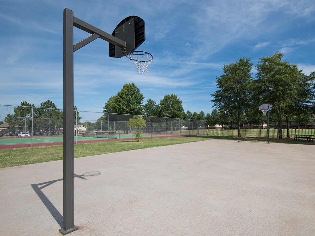 a basketball hoop on a basketball court in a park