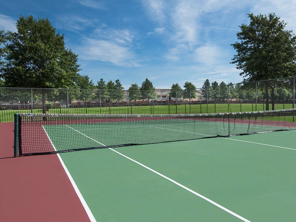 a tennis court with a fence around it and trees