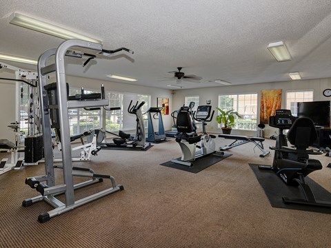 spacious gym with exercise equipment and windows at the resort at longboat key club