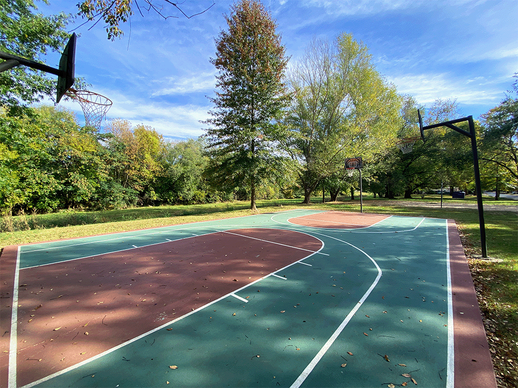 a basketball court in a park with trees