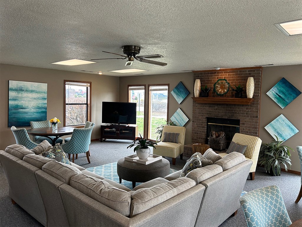 a living room with a couch and a table