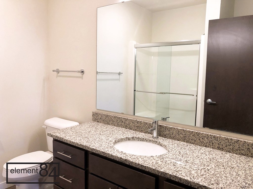 a bathroom with a sink and a shower and a mirror