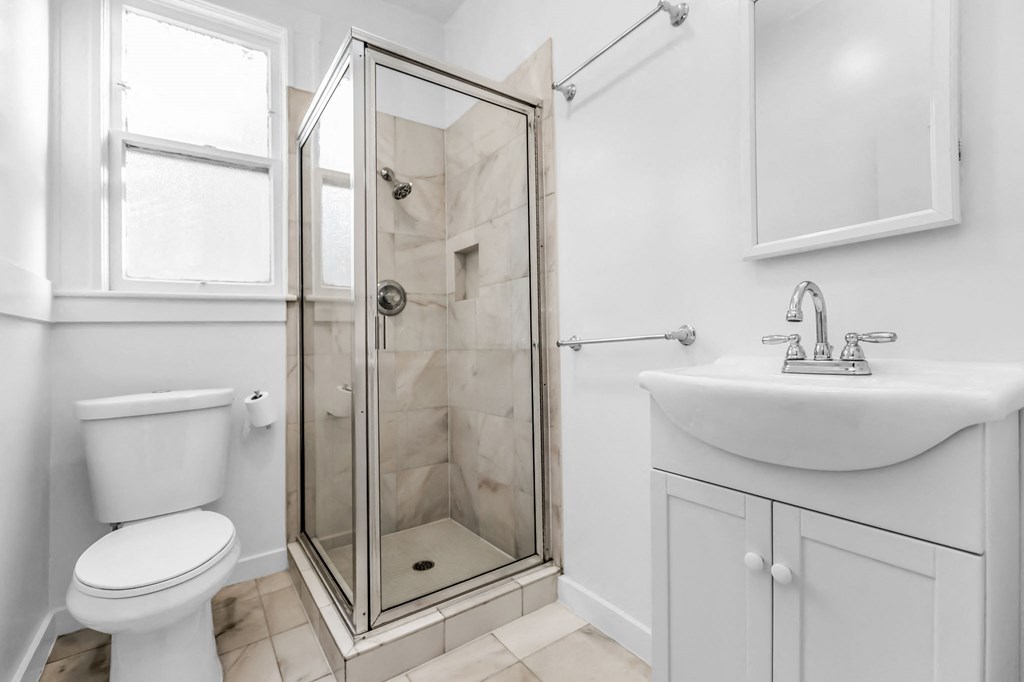 A white bathroom with a walk-in shower and a toilet.