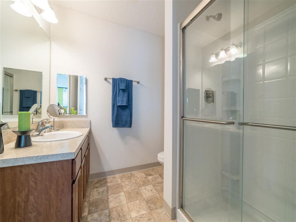 a bathroom with a shower and a sink and a mirror