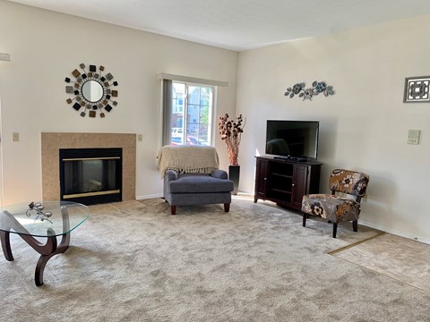 Living Room With Fireplace at Blueberry Hill Apartments, Rochester, NY