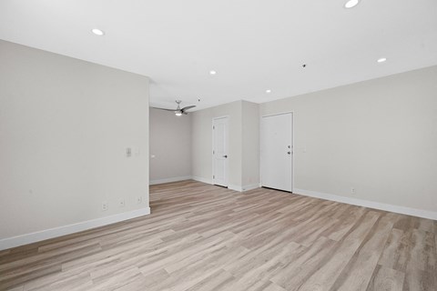 a living room with white walls and wood floors
