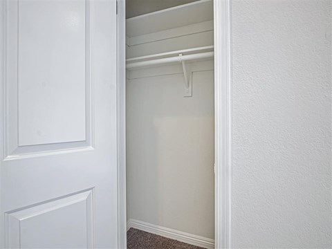 a closet in a bedroom with a white door