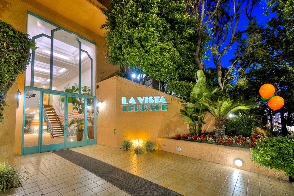 Night Time Decorated Entrance at La Vista Terrace, Hollywood
