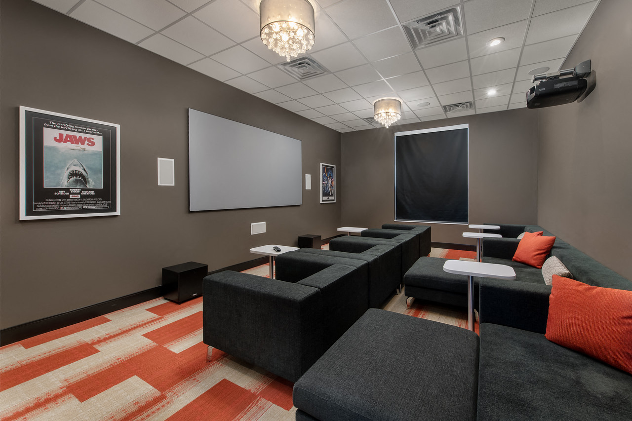 a theater room with couches and a tv