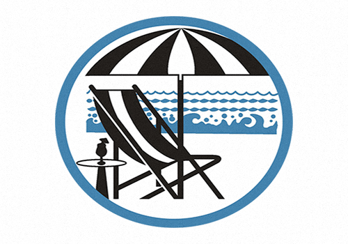 a logo of a beach chair and umbrella with the ocean