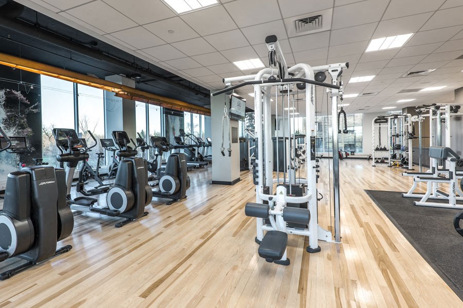 a gym with cardio machines and weights on a wooden floor
