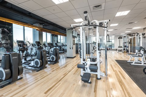 a gym with cardio machines and weights on a wooden floor