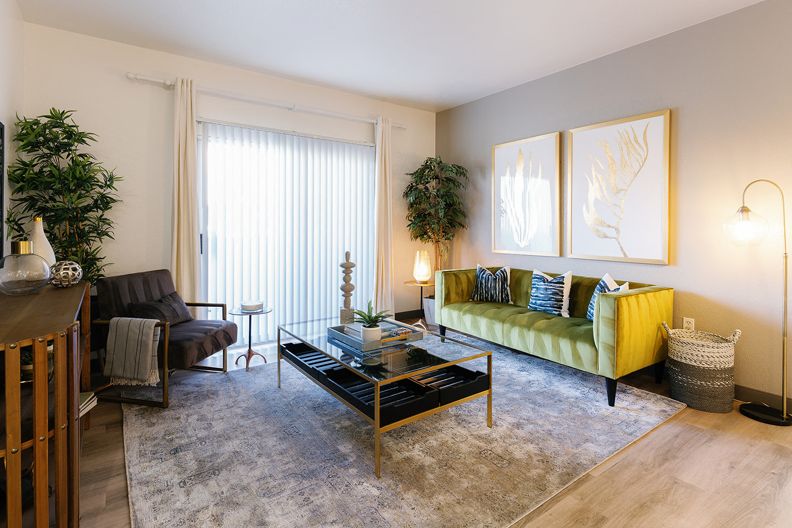 a living room with a couch and a coffee table