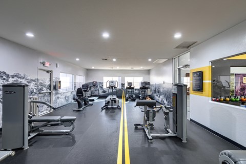 a gym with weights and cardio equipment on the floor and a wall with a mural