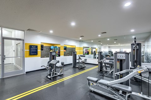 a gym with cardio equipment and weights in a building with a glass door