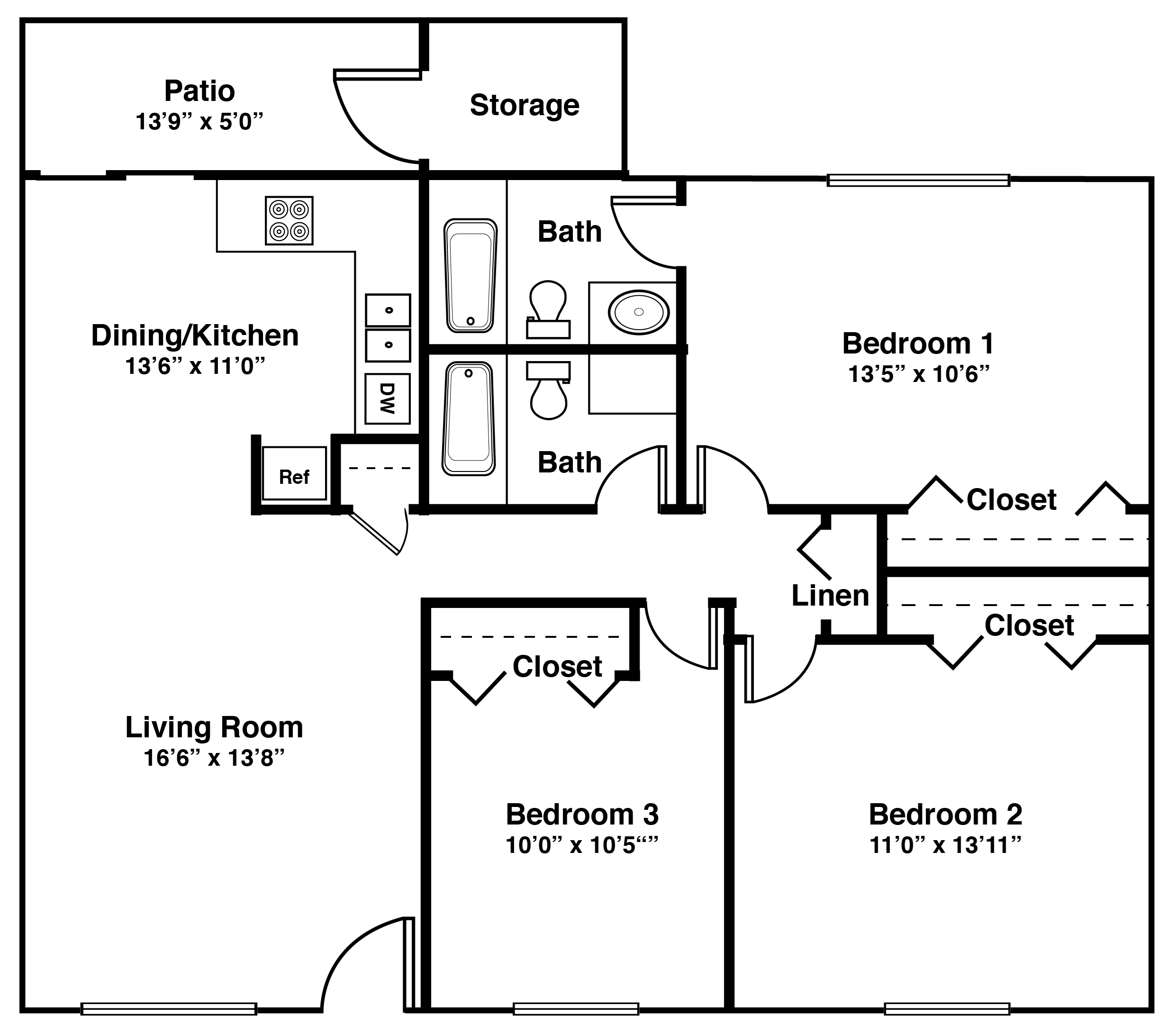 Three Bed, Two Bath Floor Plan 4