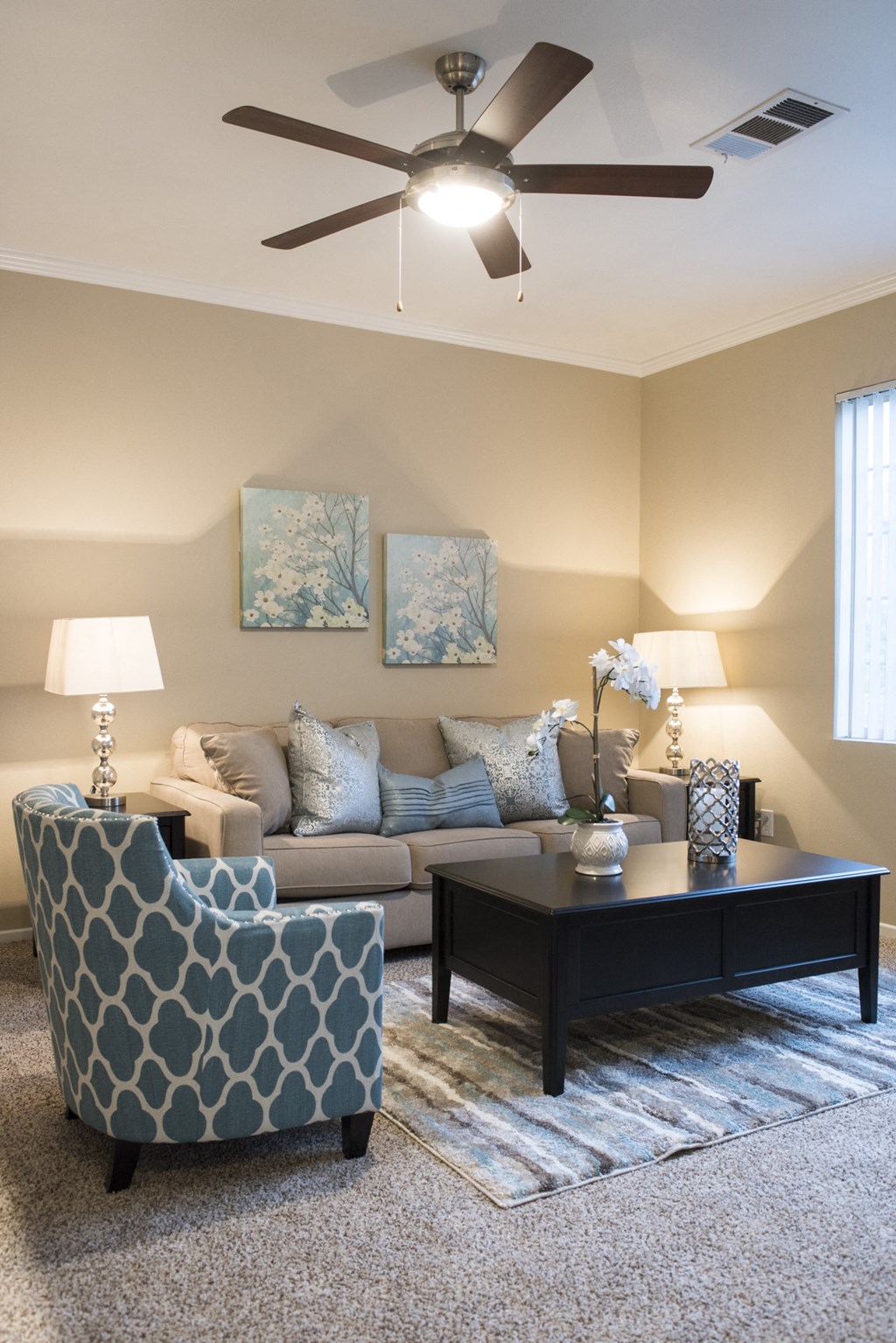 a living room with a couch and a coffee table
