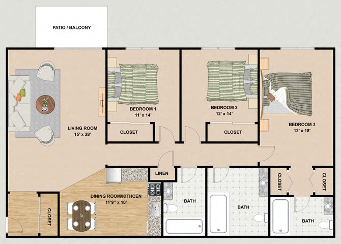 1, 2 & 3 Bedroom Floor Plans at River Place Apartments in