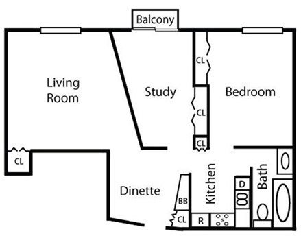 1 Bedroom 1 Bathroom with Study Floor Plan 1 Bedroom 1 Bathroom with Study Floor Plan at Springtree Apartments, Middleton, 53562