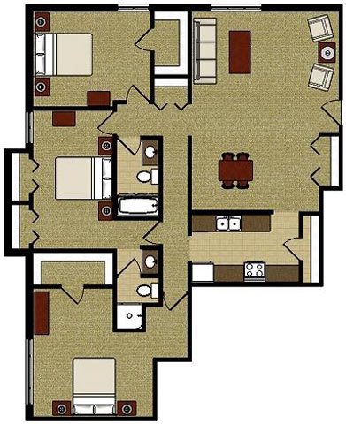 The Cottonwood 3 Bedroom 2 Bath Floor Plan The Cottonwood 3 Bedroom 2 Bath Floor Plan at The Meadows Apartments, Madison, 53714