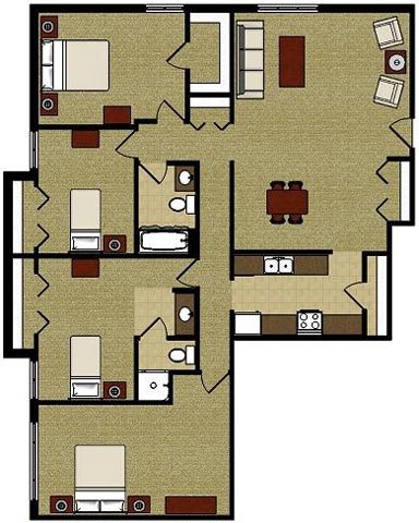 The Sycamore 4 Bedroom 2 Bathroom Floor Plan The Sycamore 4 Bedroom 2 Bathroom Floor Plan at The Meadows Apartments, Madison, Wisconsin