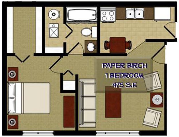 Paper Birch 1 Bedroom 1 Bathroom Floor Plan Paper Birch 1 Bedroom 1 Bathroom Floor Plan at The Birches Apartments, Joliet, Illinois