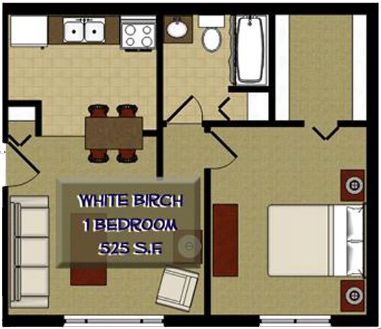 White Birch 1 Bedroom 1 Bathroom Floor Plan White Birch 1 Bedroom 1 Bathroom Floor Plan at The Birches Apartments, Illinois