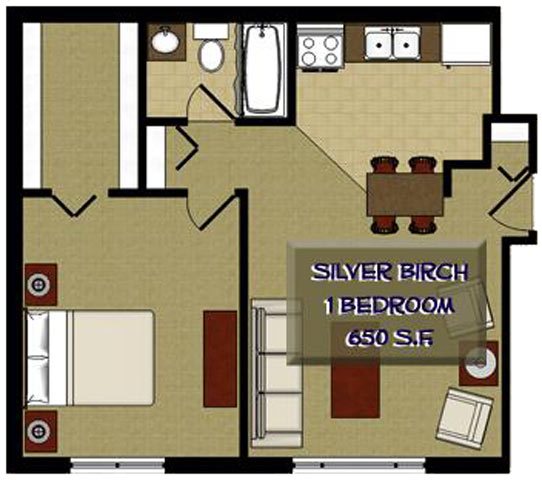 Silver Birch 1 Bedroom 1 Bathroom Floor Plan Silver Birch 1 Bedroom 1 Bathroom Floor Plan at The Birches Apartments, Illinois, 60435