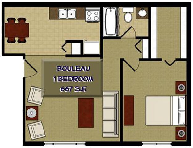 Bouleau Birch 1 Bedroom 1 Bathroom Floor Plan Bouleau Birch 1 Bedroom 1 Bathroom Floor Plan at The Birches Apartments, Joliet, IL, 60435